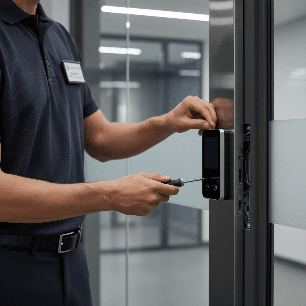 Modern commercial entrance with electronic keypad and smart access system