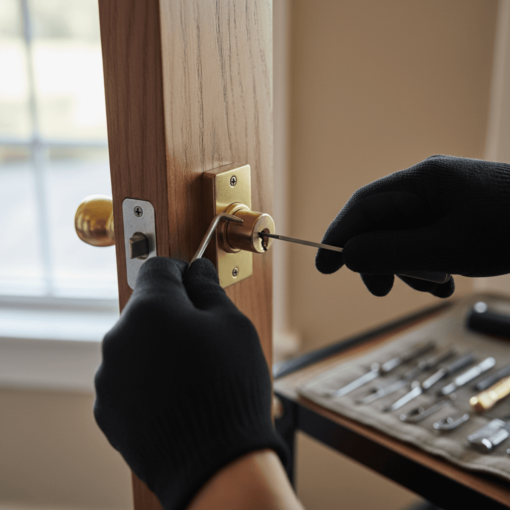 Commercial locksmith repairing door hardware and hinge assembly