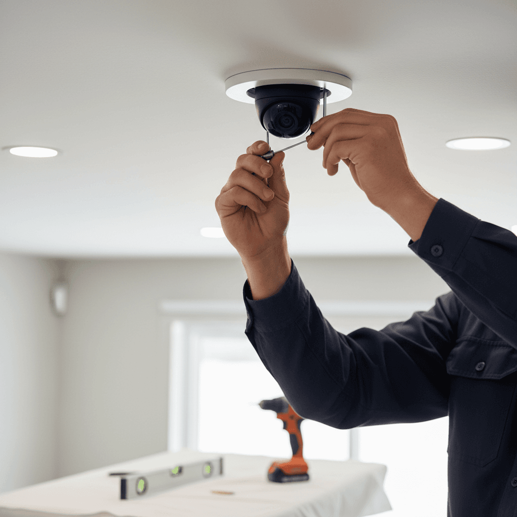 Security technician installing professional surveillance camera on building